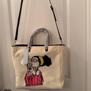 Frances Valentine Cream Canvas Tote with Illustrated Woman and Black Trim